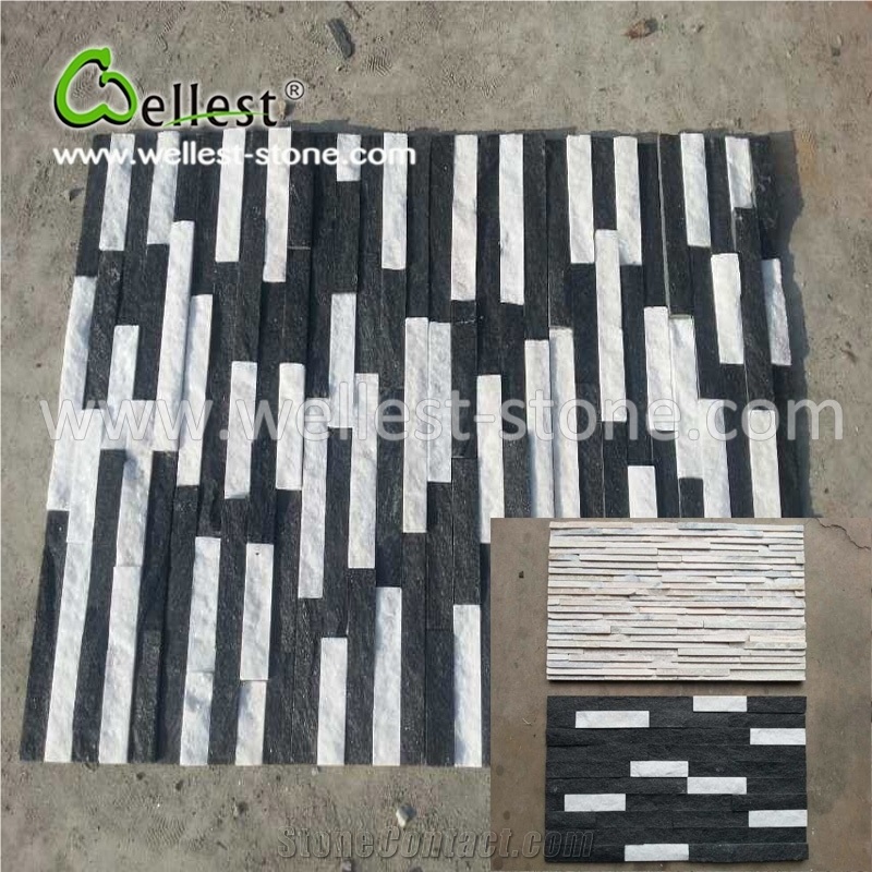 Concise Black&White Thin Strip Quartzite Ledge Stone Decorative Board