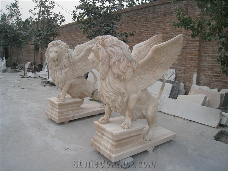 Light Pink Marble Hand Carved Lion Statue Sculpture in Pair