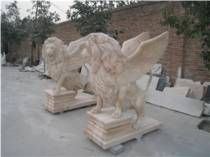 Light Pink Marble Hand Carved Lion Statue Sculpture in Pair