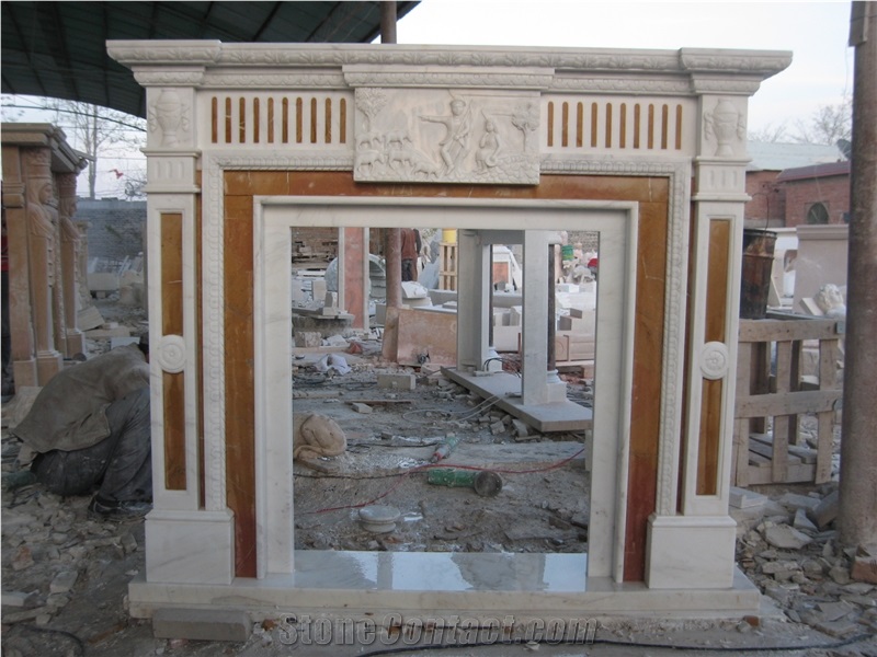 Mixed Color Marble Fireplace Mantel Surround with Sculpture