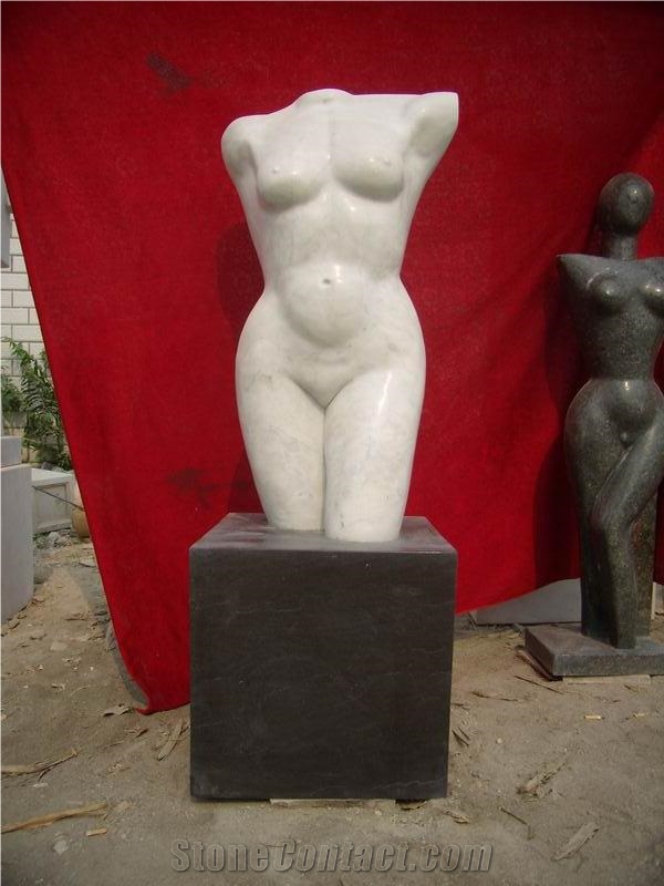 White Marble Abstract Statue with Black Limestone Base