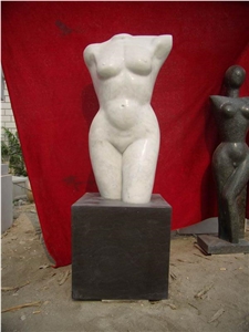 White Marble Abstract Statue with Black Limestone Base