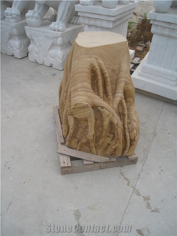 Wooden Veins Sandstone Stool with Carving