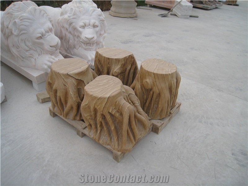 Wooden Veins Sandstone Stool with Carving