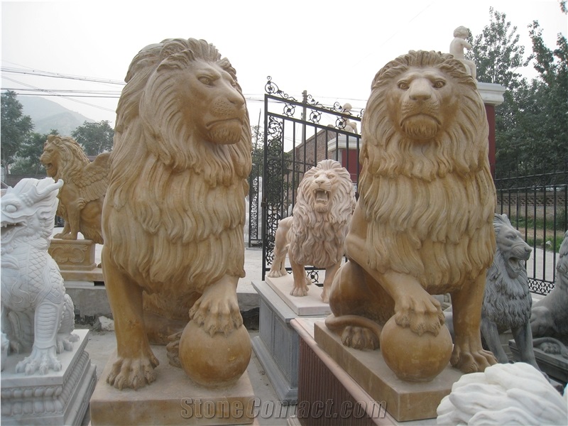 Yellow Limestone Lion Statue in Pair