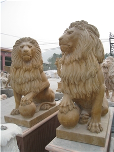 Yellow Limestone Lion Statue in Pair