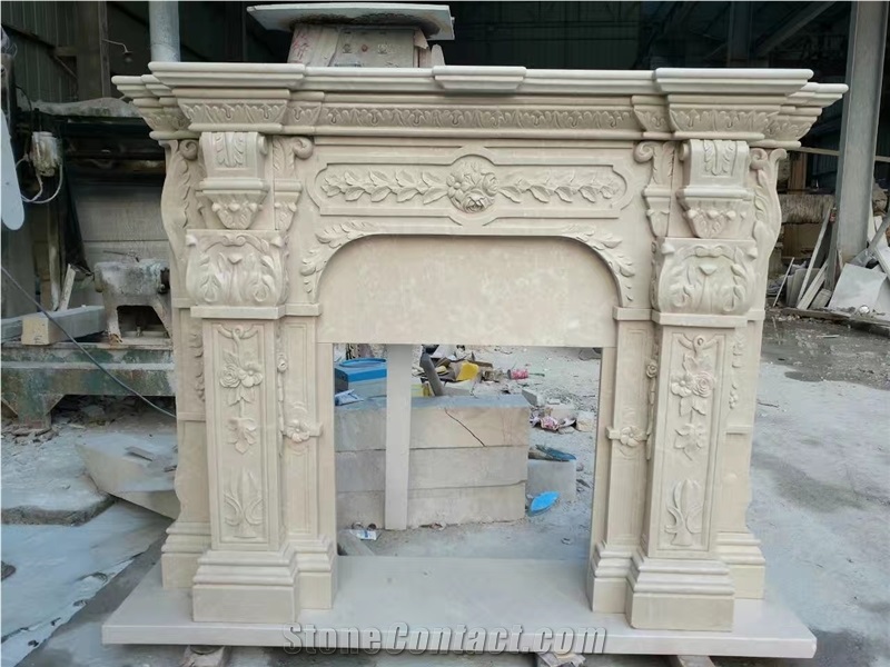 Beige Limestone Fireplace Mantels Hearth with Engraved Sculptures
