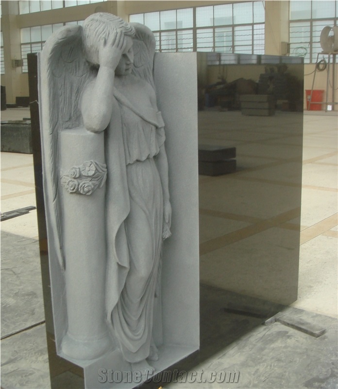 Chinese Black Granite Tombstone Angel Monument Sculpture Memorial