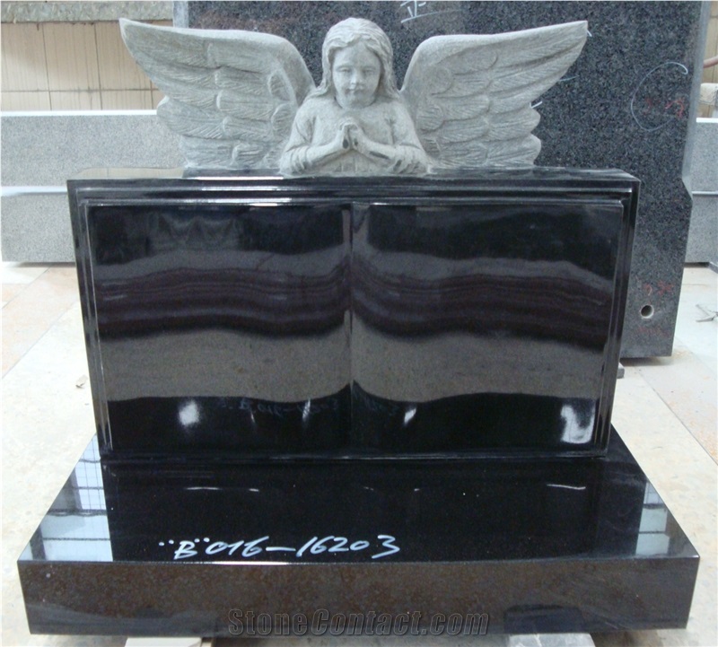 Chinese Black Tombstone & Monument with Angel Sculptures