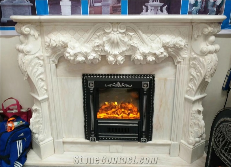 Chinese White Marble Fireplace Mantels with Engraved Sculptures