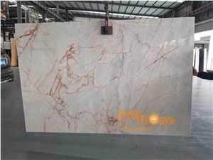 White Onyx with Red Line Slabs and Tiles Bookmatch Wall Covering