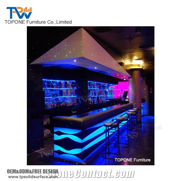 Curved Blue Color Led Lighted Artificial Marble Night Club Bar Counter