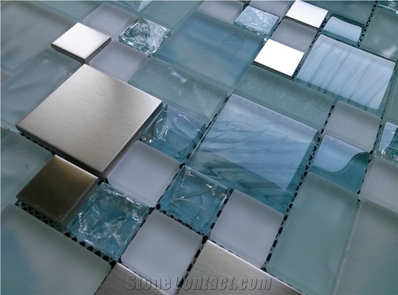 Blue Glass Mix Stainless Steel Mosaic Tile
