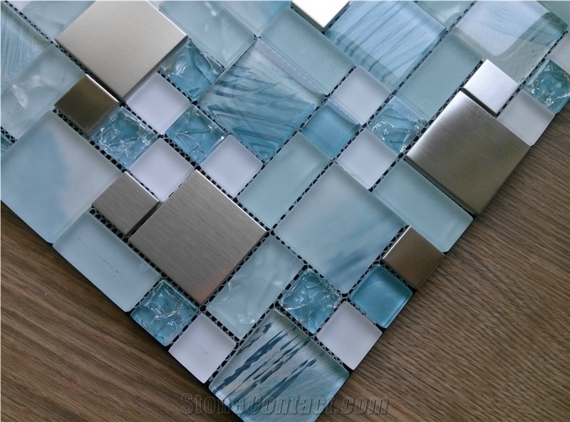 Blue Glass Mix Stainless Steel Mosaic Tile