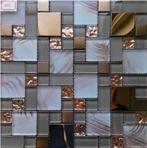 Hand Drawing Crystal Glass Mix Gold Stainless Steel Mosaic Tile