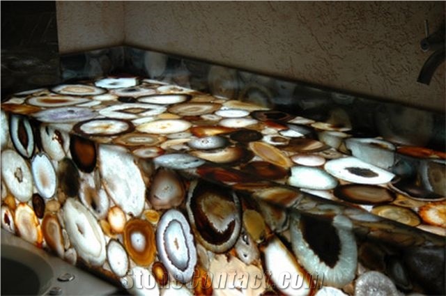 Brown Semiprecious Gem Stone Kitchen Bar Countertop,Round Shape Custom