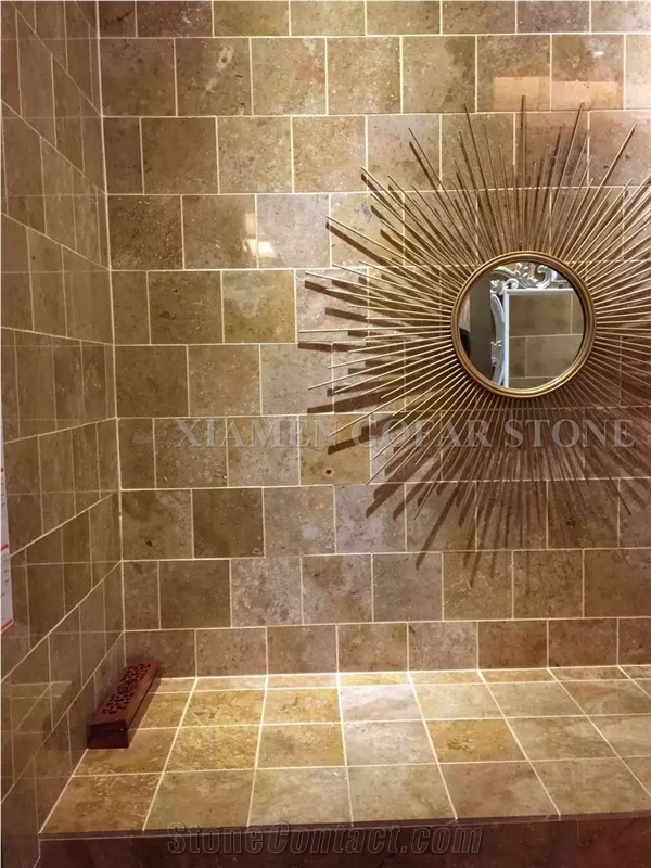 China Yellow Shangri La Travertine Honed Tiles, Interior Bathroom Wall Covering Gold Pattern Panel Project