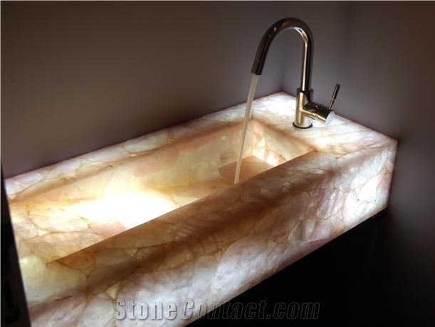 Pink Semiprecious Gem Stone Bathroom, Stone Sink Vanity