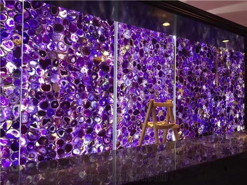 Semiprecious Backlit Purple Agate Gemstone Slab for Wall Decoration