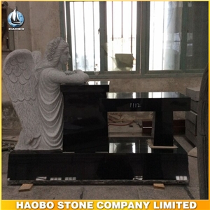 Black Granite Monument with Angel Sculpture Fancy Bench Memorial