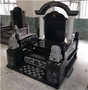 Black Granite Tombstone with Lion Statues for Southeast Asia Market