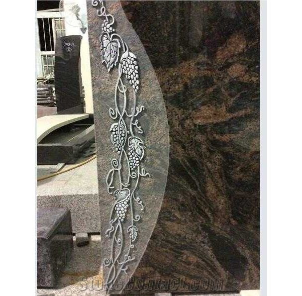 Excellent Quality Brown Granite Upright Headstone Carved Grape Tree