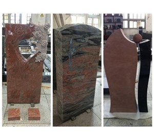 Upright Red Granite Monument Carved Flowers Popular in Germany