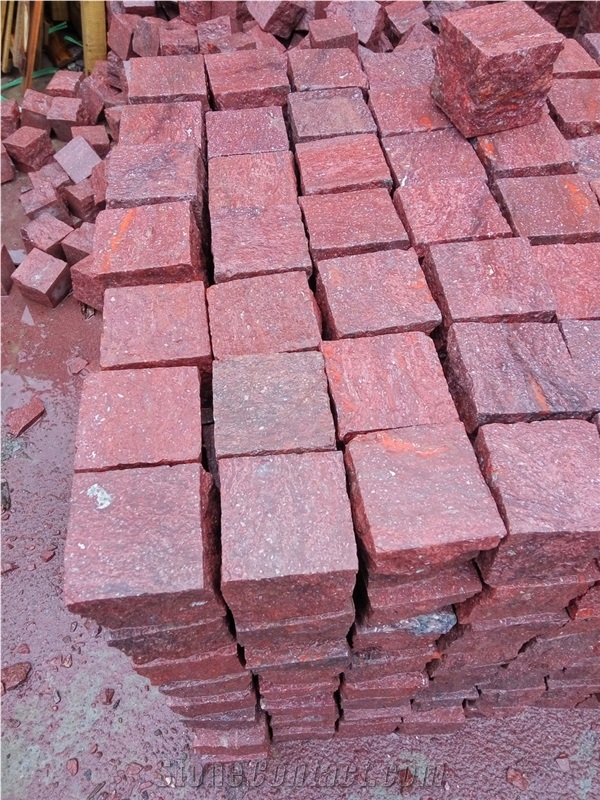 G666 Red Porphyry Paving Cubes Flamed