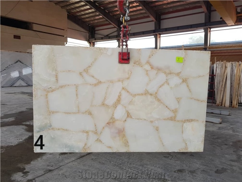 Semiprecious White Ice Flake Jade Onyx-Gem Stone Slab