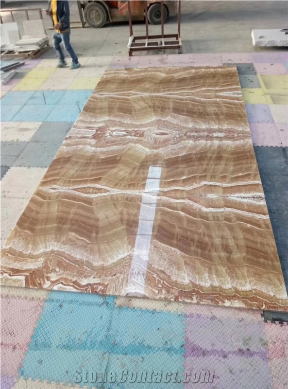 Orange Yellow Wood Onyx Backed Honeycomb Tile Slab