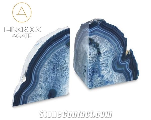 China Enhanced Polished Blue Agate Geode Bookends