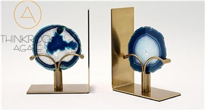 Circle Blue Stripes White Agate Geode Bookends