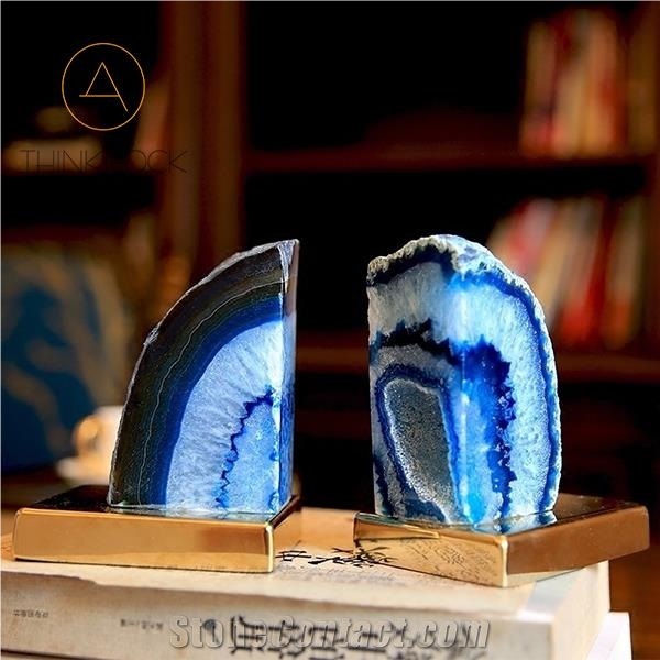 Cyan Mixed Blue White Agate Stone Bookends