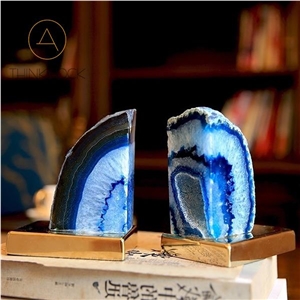 Cyan Mixed Blue White Agate Stone Bookends