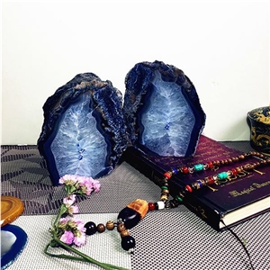 Elegant Transitional Blue Agate Geode Bookends