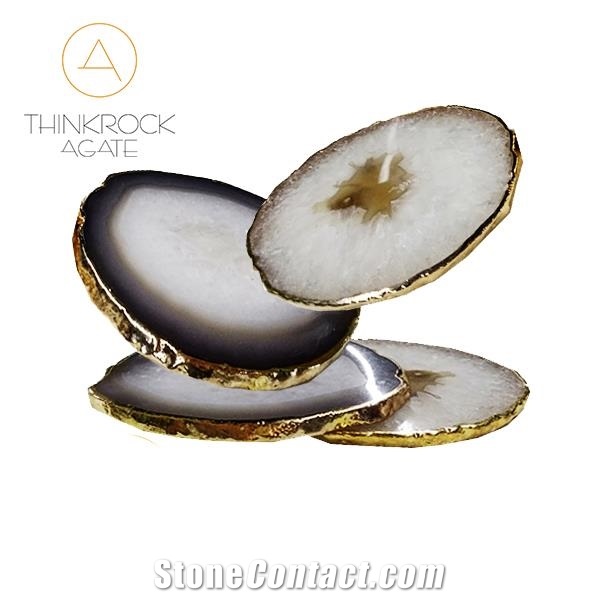 Gold Surround Grey Agate Coasters White Cup Mat