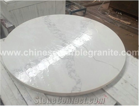 Marble Veins White Quartz Round Table Top, Worktop