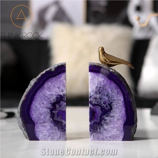 Nature Purple Rainbows White Agate Geode Bookends