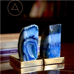 Popular Natural White Blue Agate Geode Bookends