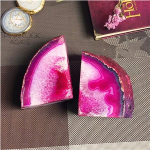 Pretty Pink Center White Agate Geode Bookends