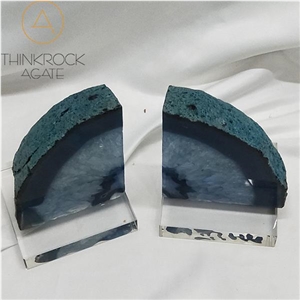 Semiprecious Enhanced Blue Agate Geode Bookends
