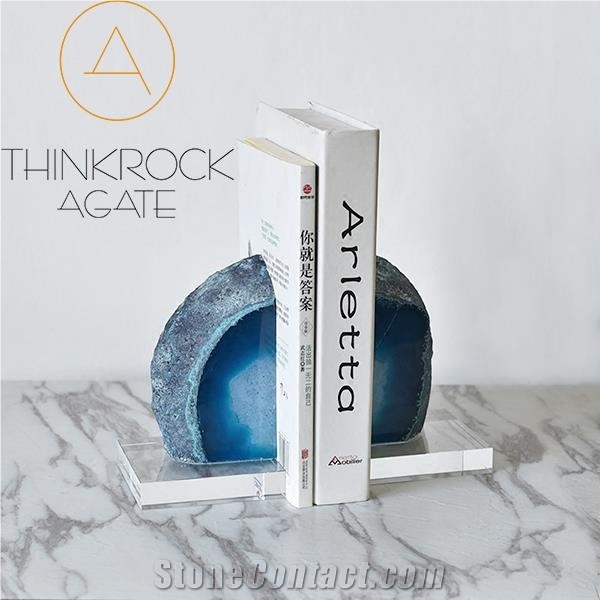 Stylish Natural Polished Blue Agate Geode Bookends