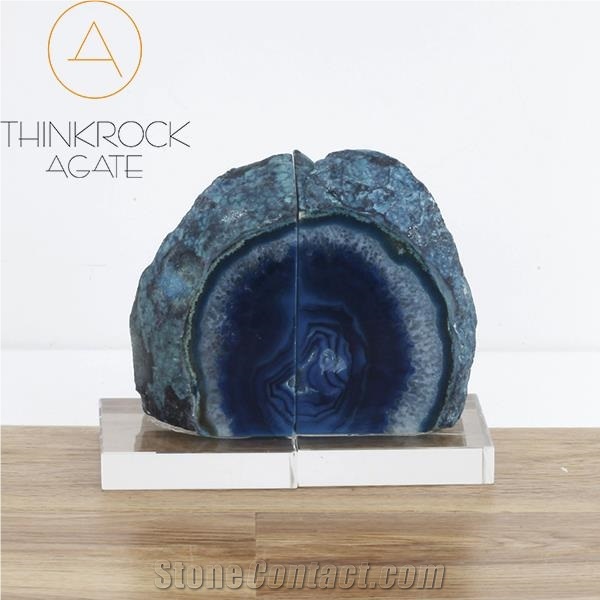 Stylish Natural Polished Blue Agate Geode Bookends