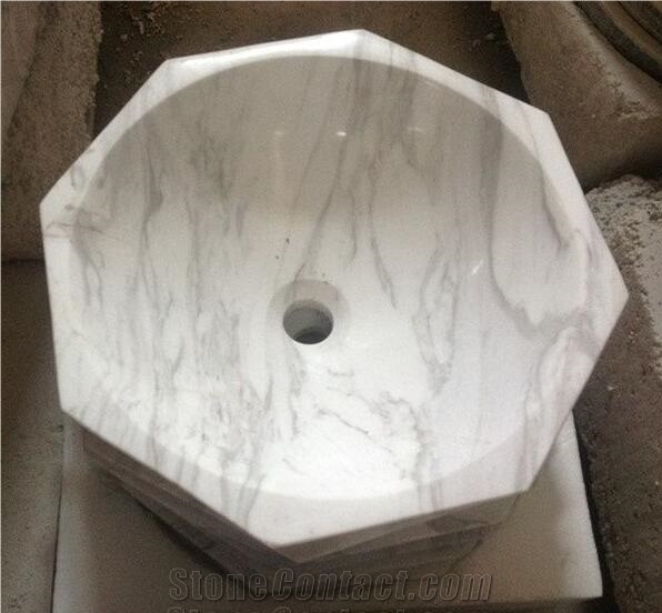 White Carrara Marble Polished Sinks Bathroom Basin