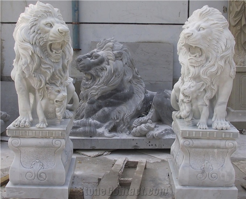 Travertine Guardian Lion Statue Animal Sculpture