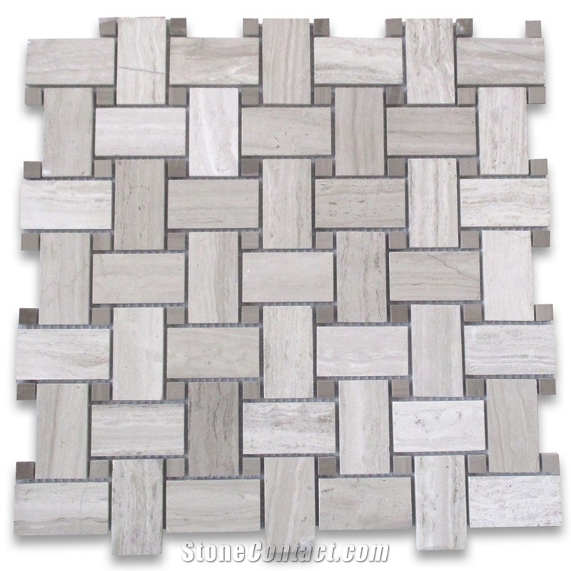 White Wood Marble Basketweave Mosaic