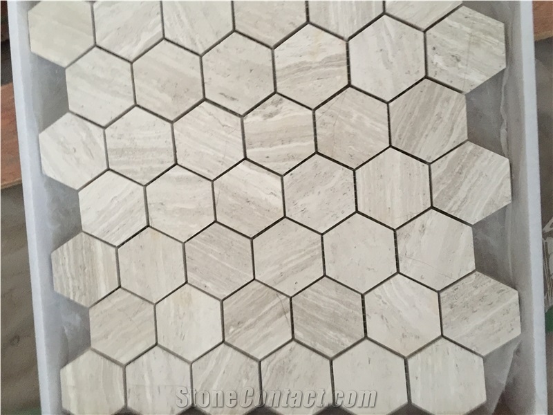 White Wooden Marble 4.8cm Hexagon Mosaic