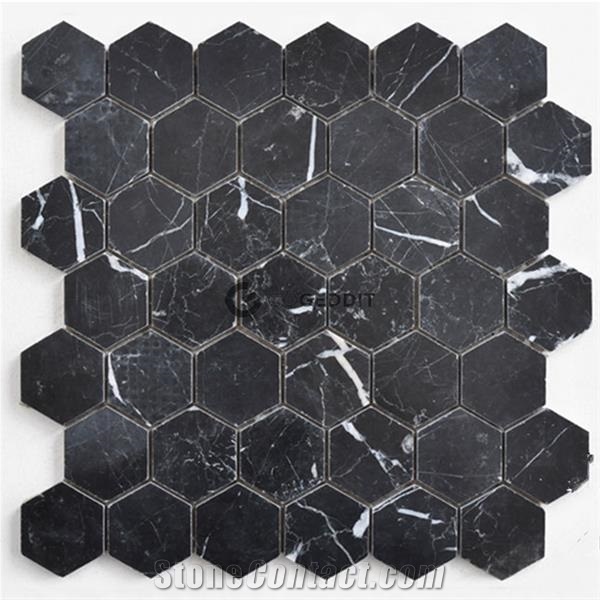 Black Marquina Marble Hexagon Mosaic Tile