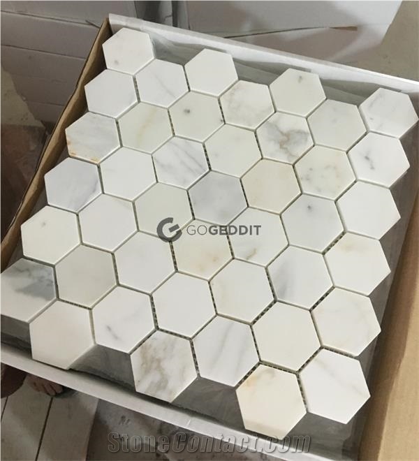 Calacatta Gold Polished 3 Hexagon Marble Mosaic