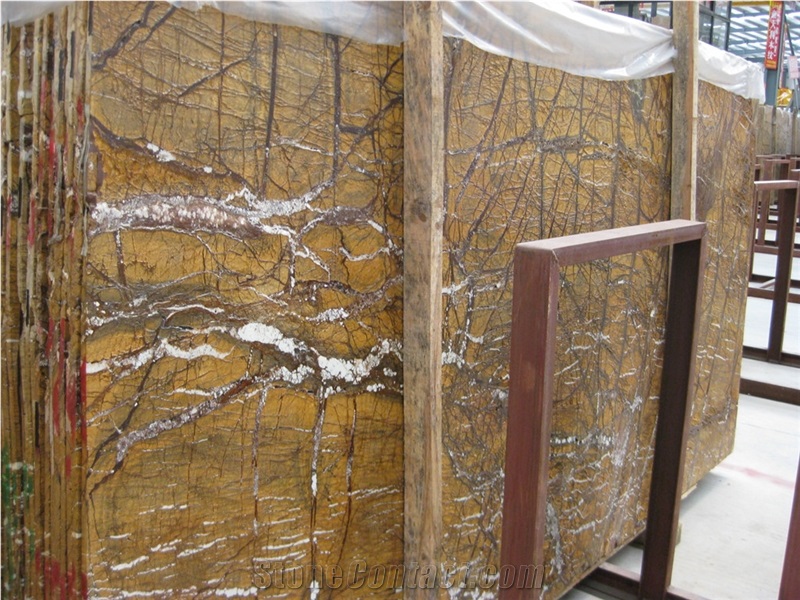 Polished India Rainforest Gold Marble Stone Slabs